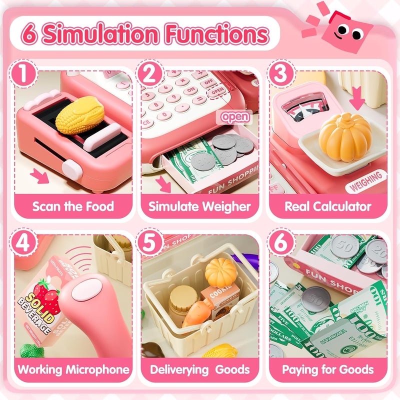 STACTCUTE 49PCS Pretend Play Cash Register Toy Set for Kids with Real Calculator,Scanner,Microphone,Conveyor Belt,Weighing Tool,Cashier Playset Realistic Gift for Toddler Kid Ages 3 4 5 6 7 8（Pink） - Image 3